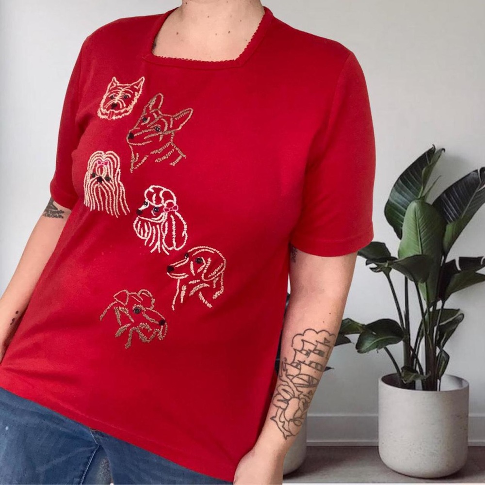 Vintage Embroidered Dogs Y2K Top Red Large